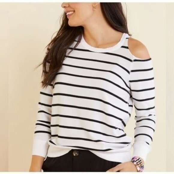 Chaser Black White Striped Cold Shoulder Pullover Sweater M - Picture 1 of 6